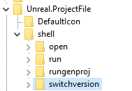 regedit tree view centered on the Unreal.ProjectFile key, there's a DefaultIcon and shell child keys, the shell key has 4 children : open, run, rungenproj, switchversion